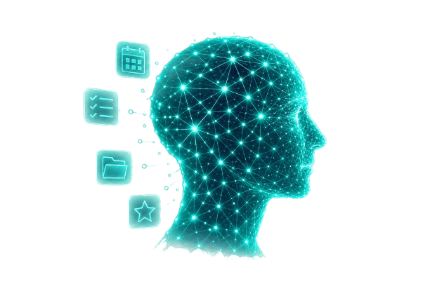 Glowing AI neural network head with floating productivity icons